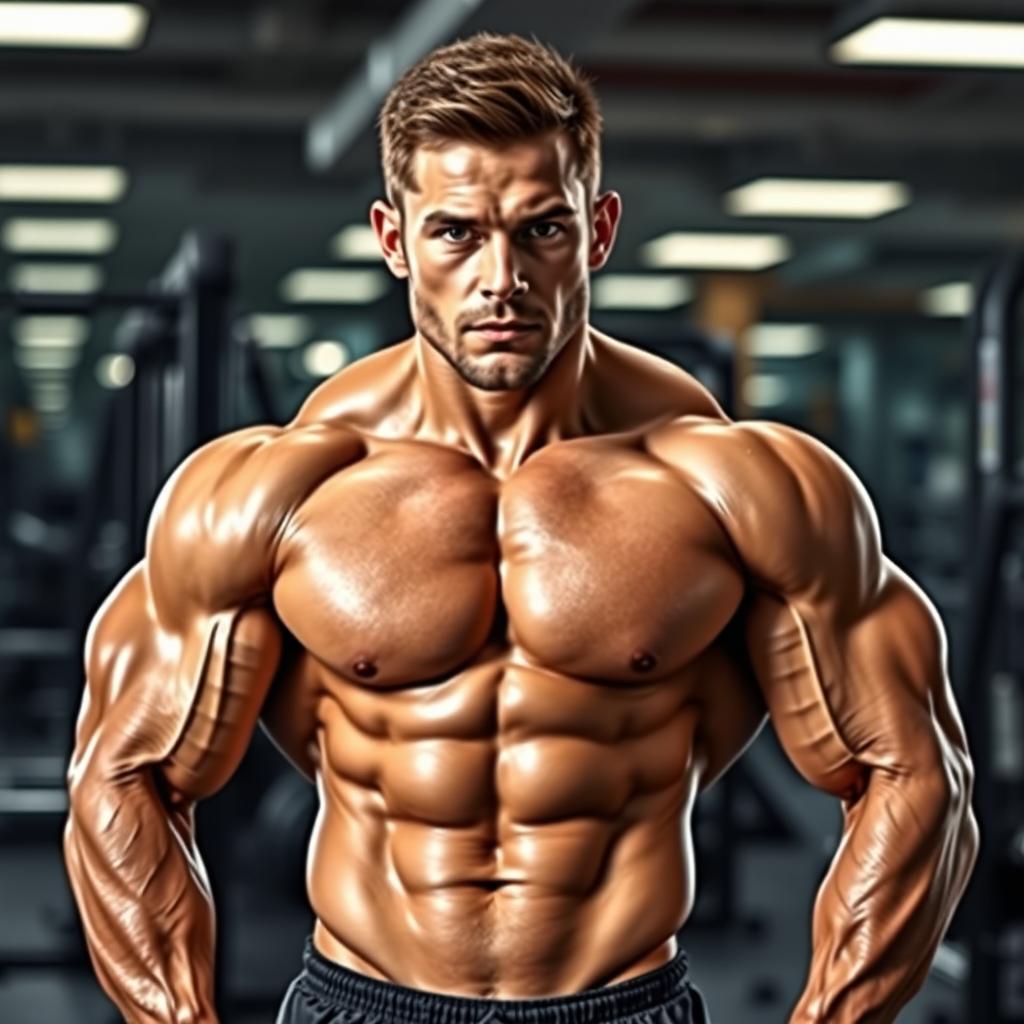 A muscular, shredded man in peak physical condition posing in a gym, showcasing defined abs, sculpted arms, and a powerful physique