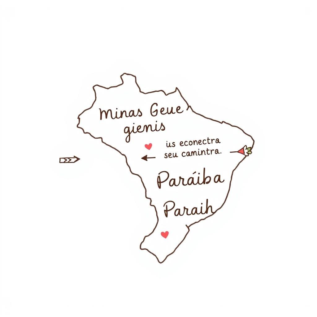 a simple sketch-style map connecting the state of Minas Gerais to the state of Paraíba in Brazil, featuring a hand-drawn outline of both states, with arrows indicating the route between them, embellished with whimsical elements like small hearts and flowers, including the phrase 'o amor sempre encontra seu caminho' artistically integrated into the design, presented in a charming and heartfelt manner