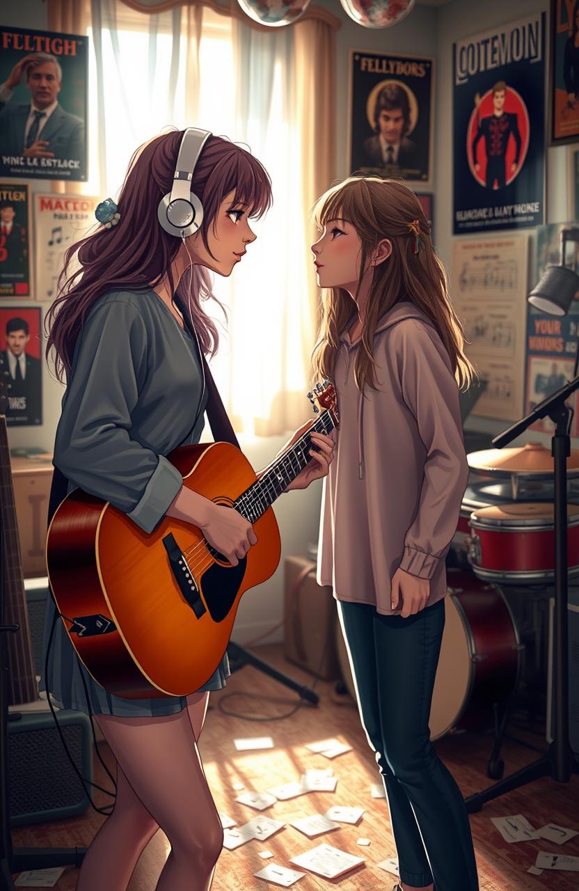 Two girls in a music room, intimately staring at each other