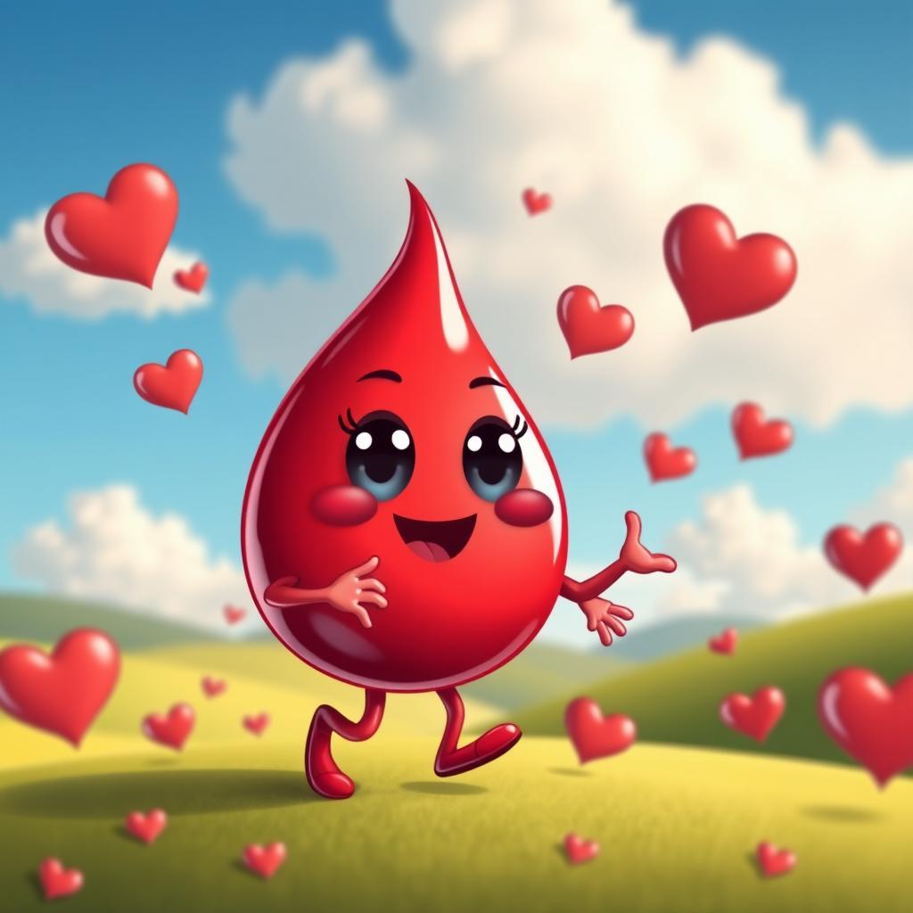 A cute and quirky cartoon character shaped like a blood droplet with large expressive eyes and a cheerful smile