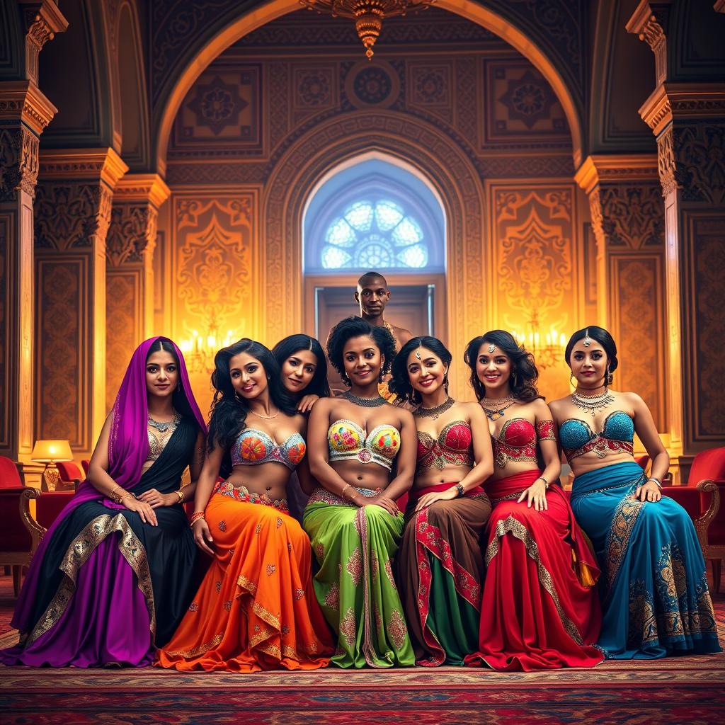 A vibrant scene of a group of bellydancers from Arabic, European, and Asian backgrounds, elegantly dressed in colorful costumes, sitting gracefully in an ornate Arabic palace adorned with intricate geometric patterns and plush fabrics