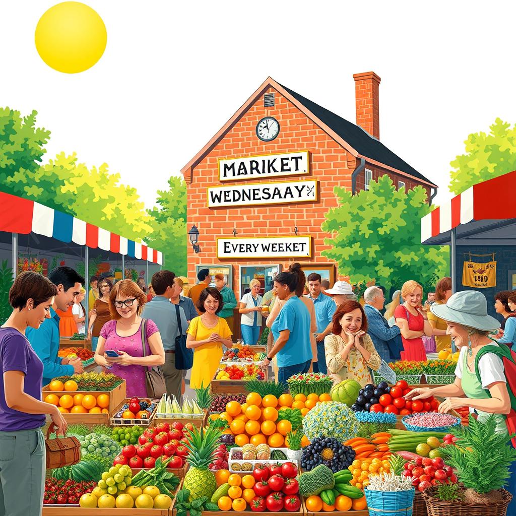 A vivid illustration depicting a vibrant local market scene, bustling with activity every Wednesday