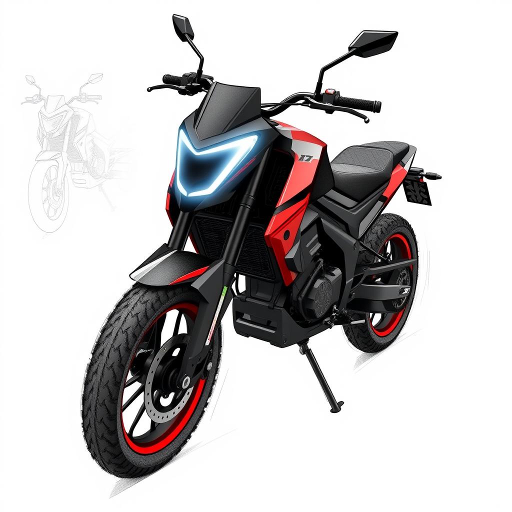 Concept sketches in black and white graphics of an electric sports motorcycle, drawn with a blue pencil, featuring sharp contours while maintaining a strict and modern style in black and red colors