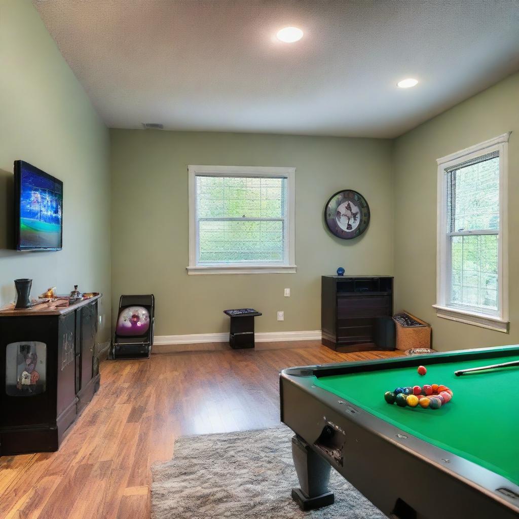 A spacious entertainment room brimming with activity: a shiny foosball table, an electric air hockey table, ping pong setup, a dartboard on the wall, a TV set connected to a PlayStation, another TV set linked to an Xbox, and a table with various board games.