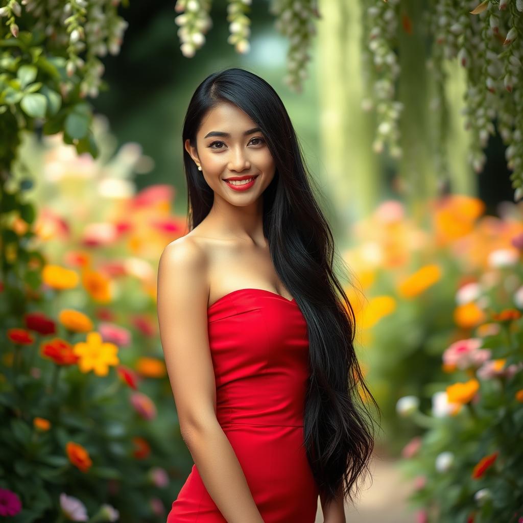 A beautiful woman with long, flowing black hair, wearing an elegant, form-fitting red dress
