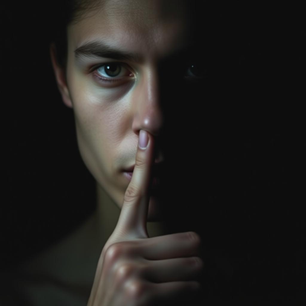 A person placing their finger on their lips in a gesture of silence, with a dark background and focused light illuminating their face