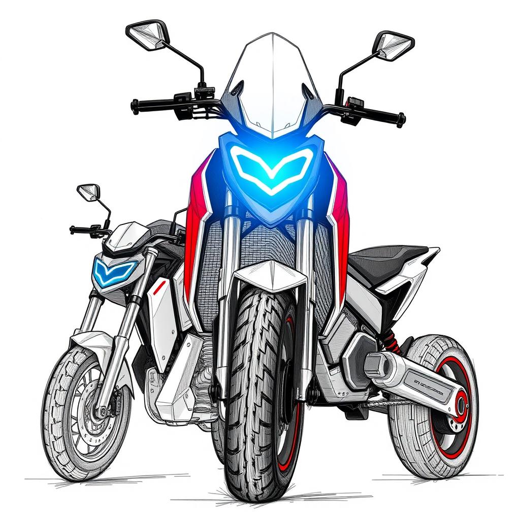 Concept sketches in black and white graphics of an electric sports motorcycle, drawn with a blue pencil, featuring sharp contours while maintaining a strict style