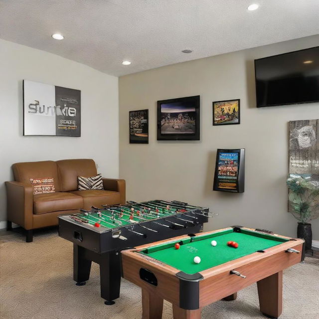 A spacious entertainment room brimming with activity: a shiny foosball table, an electric air hockey table, ping pong setup, a dartboard on the wall, a TV set connected to a PlayStation, another TV set linked to an Xbox, and a table with various board games.