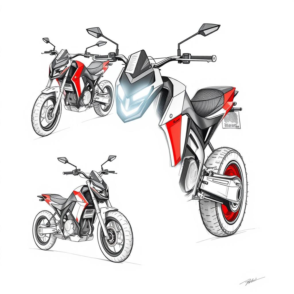 Concept sketches in black and white graphics of an electric sports motorcycle, created with a blue pencil