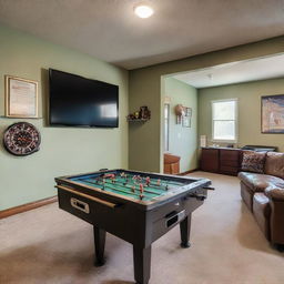 A spacious entertainment room brimming with activity: a shiny foosball table, an electric air hockey table, ping pong setup, a dartboard on the wall, a TV set connected to a PlayStation, another TV set linked to an Xbox, and a table with various board games.