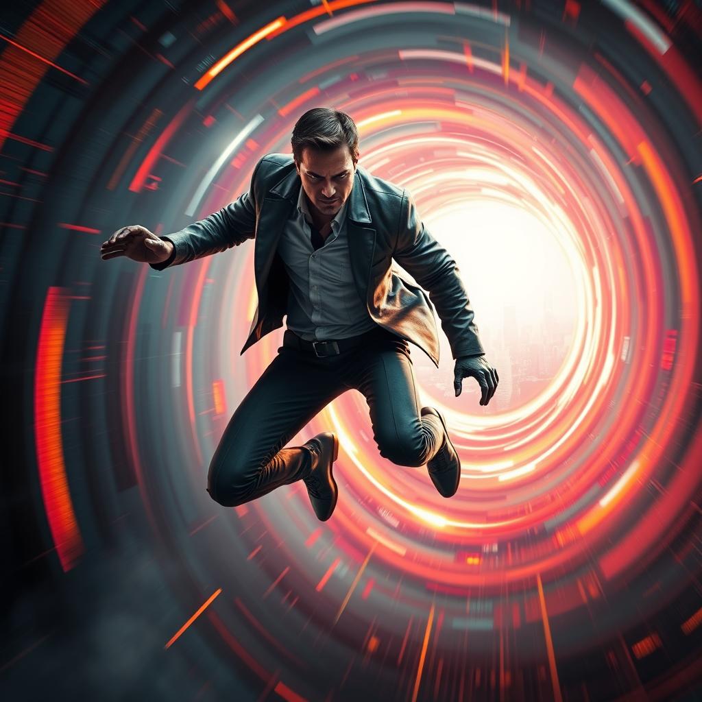 A thrilling science fiction scene featuring a secret agent in a sleek, futuristic suit, dramatically crossing a glowing wormhole