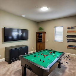 A spacious entertainment room brimming with activity: a shiny foosball table, an electric air hockey table, ping pong setup, a dartboard on the wall, a TV set connected to a PlayStation, another TV set linked to an Xbox, and a table with various board games.