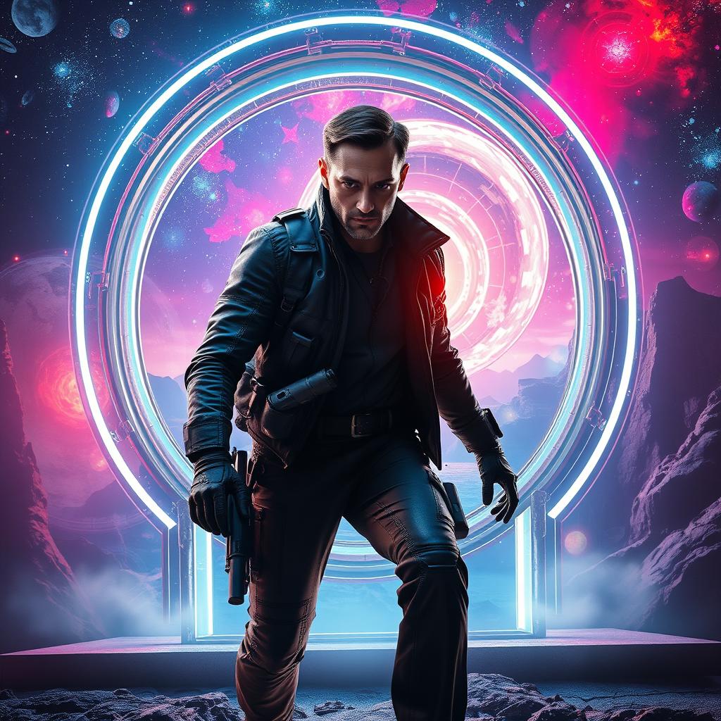 A thrilling scene of a secret agent stepping through a glowing interdimensional gate, showcasing a dramatic, futuristic landscape on the other side