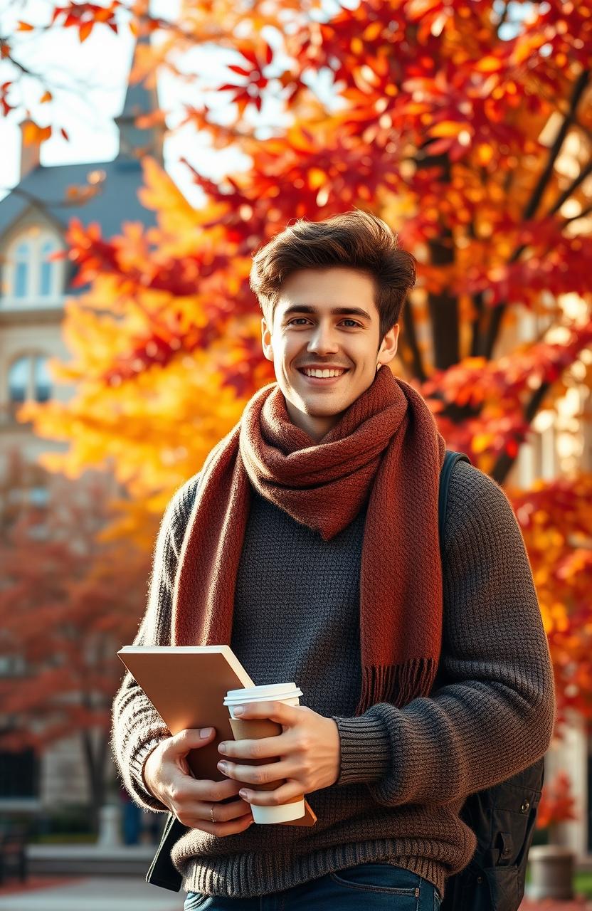 A charming scene inspired by university life in autumn featuring a handsome young man with a warm smile, dressed in cozy layers of sweaters and scarves, surrounded by vibrant fall foliage