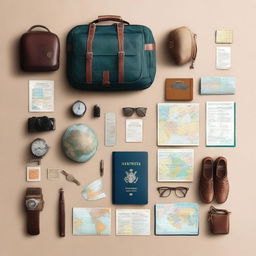 Create an image of a traveler's kit for international tourism, including items like a passport, global maps, multi-currency wallet, guide books, travel-size essentials, and airplane tickets.