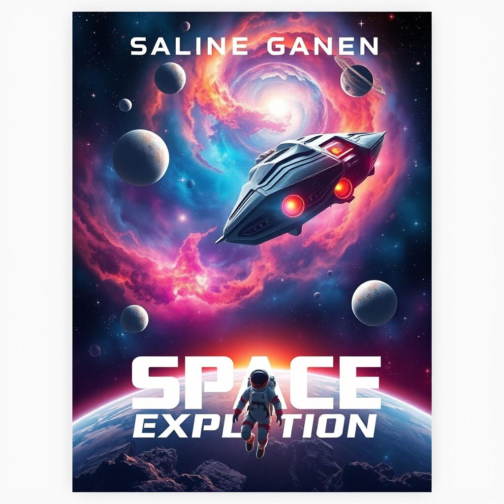 A captivating space exploration scene design for a sci-fi book cover, showcasing a vibrant galaxy filled with swirling nebulae and sparkling stars, a futuristic spacecraft soaring through the cosmos with sleek design and luminous engines, planets of various colors and sizes around, and an astronaut floating in the foreground, gazing at the vastness of space