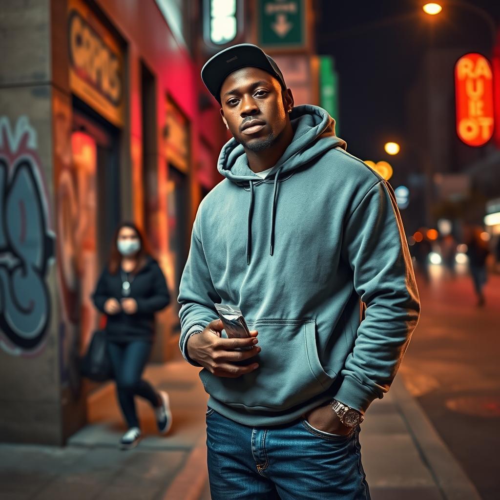 A dramatic street scene featuring a Black man in urban clothing, standing casually on a city corner
