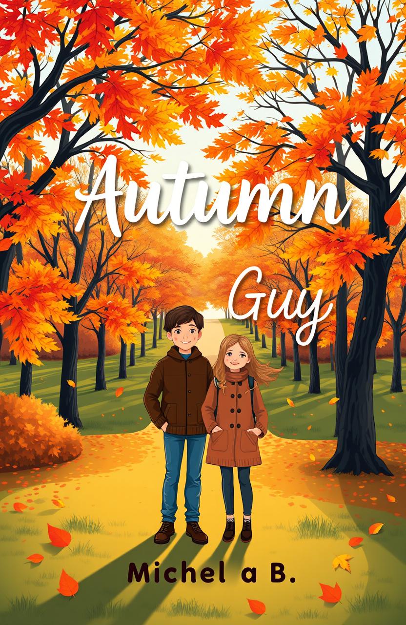 A vibrant vector graphic book cover for the novel "Autumn Guy" by Michaela B