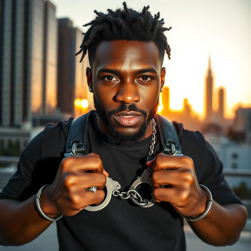 A powerful and striking image of a Black man wearing handcuffs, standing confidently in an urban setting