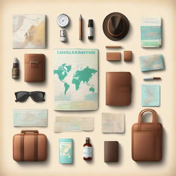 Create an image of a traveler's kit for international tourism, including items like a passport, global maps, multi-currency wallet, guide books, travel-size essentials, and airplane tickets.