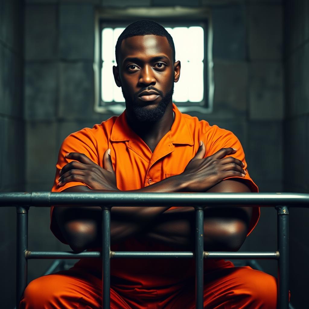 A portrait of a black man in prison, showcasing his strong and determined expression