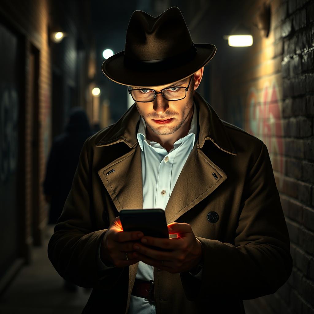 A focused private investigator examining a smartphone intently, dressed in a classic trench coat and fedora, with a backdrop of a dimly lit urban alley