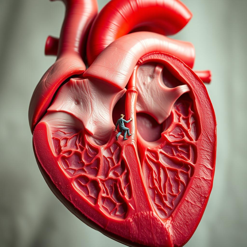 A detailed, oversized cross-sectional view of a human heart, showcasing its intricate structures like the chambers, valves, and arteries