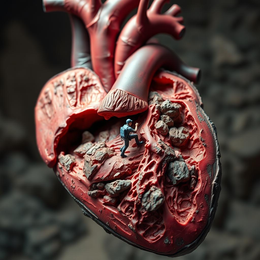 A highly detailed cross-sectional view of the human heart, showcasing its intricate internal structures