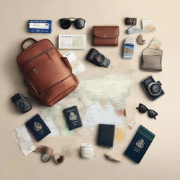 Create an image of a traveler's kit for international tourism, including items like a passport, global maps, multi-currency wallet, guide books, travel-size essentials, and airplane tickets.