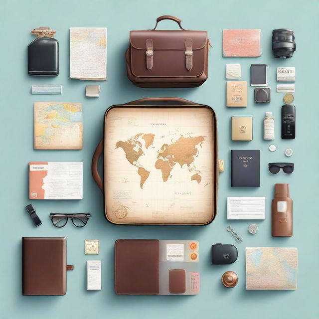 Create an image of a traveler's kit for international tourism, including items like a passport, global maps, multi-currency wallet, guide books, travel-size essentials, and airplane tickets.