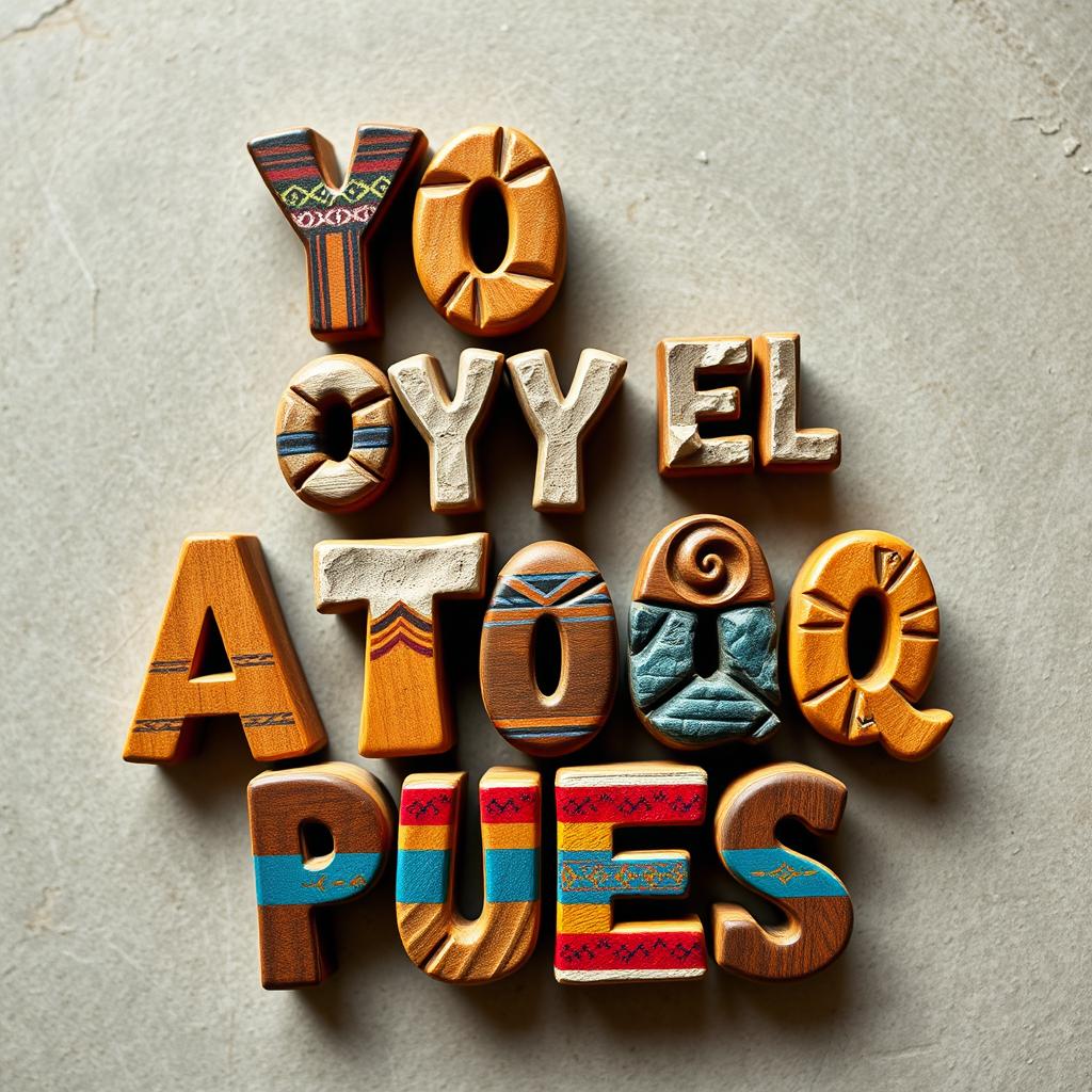A vibrant and charismatic typography design featuring Andean elements made of stone and wood