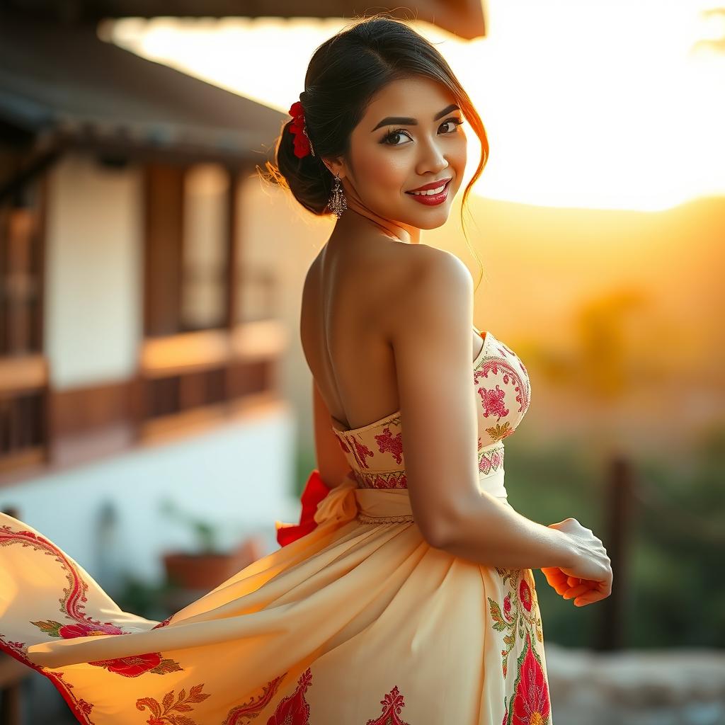 A beautiful woman wearing a traditional Filipiniana dress, showcasing intricate embroidery and vibrant colors, with a graceful and elegant stance