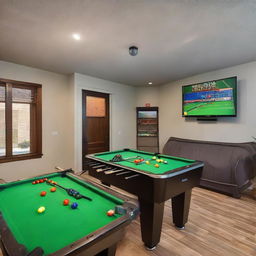 A spacious entertainment room brimming with activities: a glossy foosball table, a sparking air hockey table, a set-up for ping pong games, a wall-mounted dartboard, a TV connected to a PlayStation, another TV paired with an Xbox, and a variety of board games