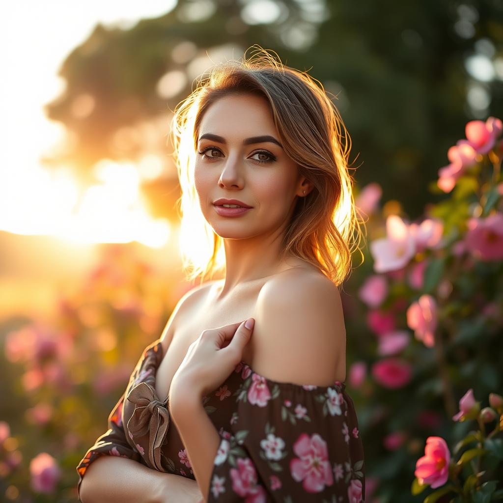 A beautifully composed image of a confident adult woman standing in a scenic outdoor setting, surrounded by blooming flowers and lush greenery