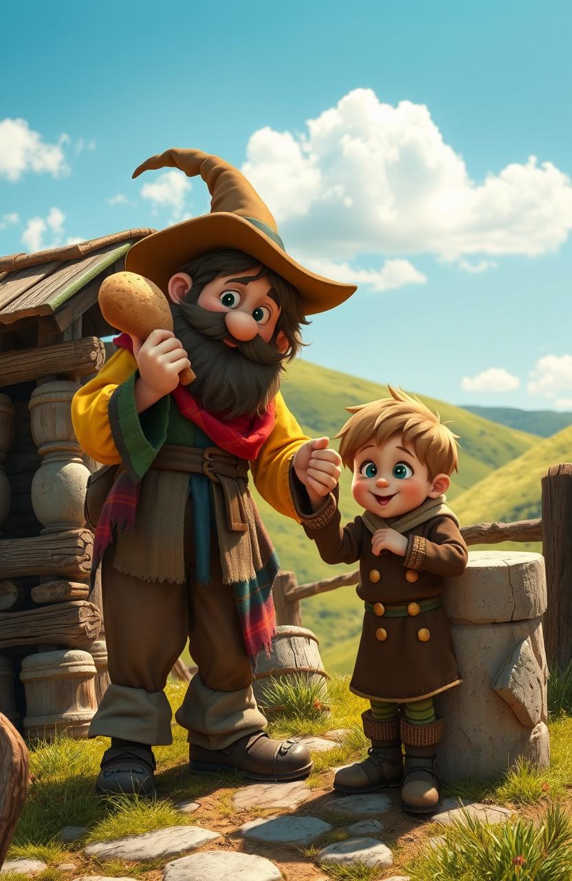 A whimsical scene depicting a little orphan boy with a curious look on his face, standing beside a clever trickster man
