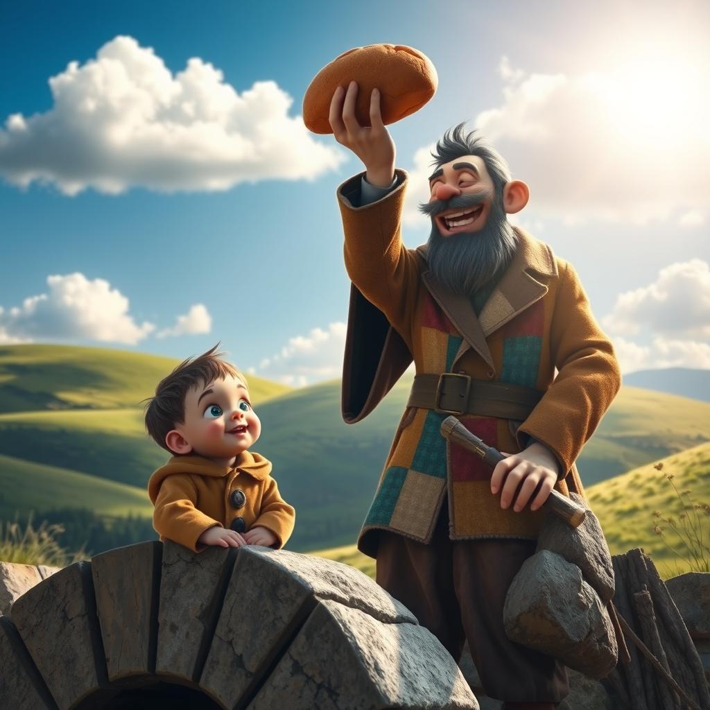 A whimsical scene depicting a little orphan boy with wide, innocent eyes, gazing up at a mischievous trickster man