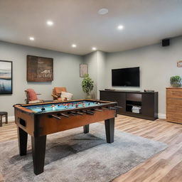 A spacious entertainment room brimming with activities: a glossy foosball table, a sparking air hockey table, a set-up for ping pong games, a wall-mounted dartboard, a TV connected to a PlayStation, another TV paired with an Xbox, and a variety of board games