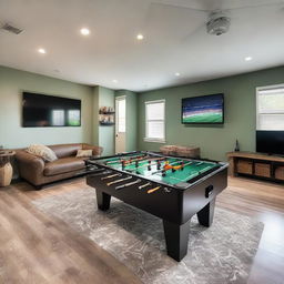 A spacious entertainment room brimming with activities: a glossy foosball table, a sparking air hockey table, a set-up for ping pong games, a wall-mounted dartboard, a TV connected to a PlayStation, another TV paired with an Xbox, and a variety of board games