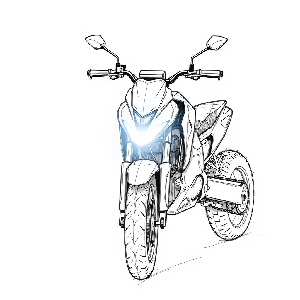 Concept sketches in black and white graphics of an electric sports motorcycle, illustrated with a blue pencil, showcasing sharp contours while embodying a strict style
