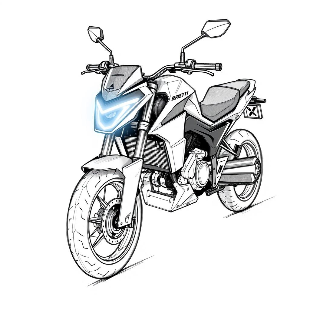 Concept sketches in black and white graphics of an electric sports motorcycle, drawn with blue pencil