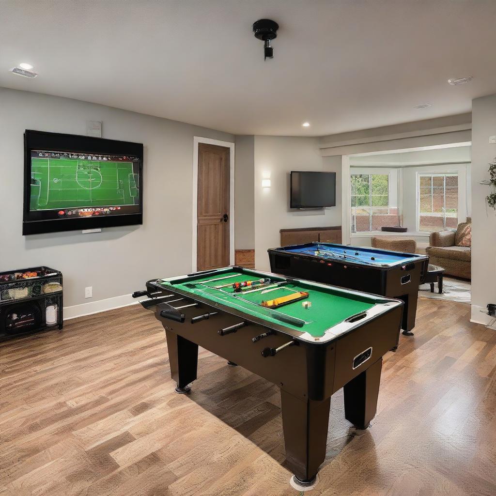 A spacious entertainment room brimming with activities: a glossy foosball table, a sparking air hockey table, a set-up for ping pong games, a wall-mounted dartboard, a TV connected to a PlayStation, another TV paired with an Xbox, and a variety of board games