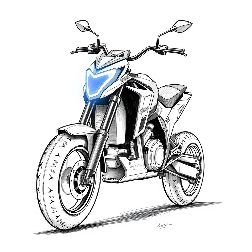 Concept sketches in black and white graphics of an electric sports motorcycle, illustrated with a blue pencil