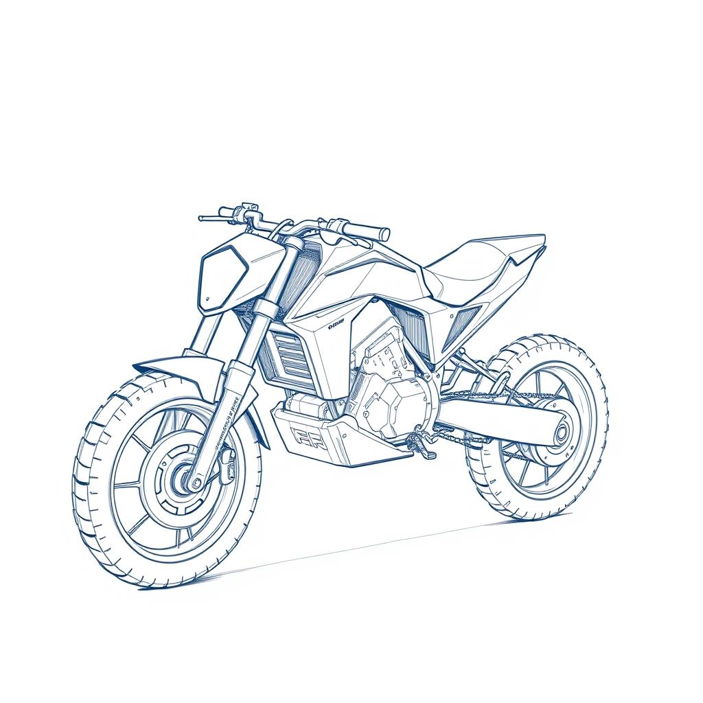 Concept sketches in black and white graphics of an electric sports motorcycle, drawn with blue pencil, showcasing sharp contours while maintaining a strict style