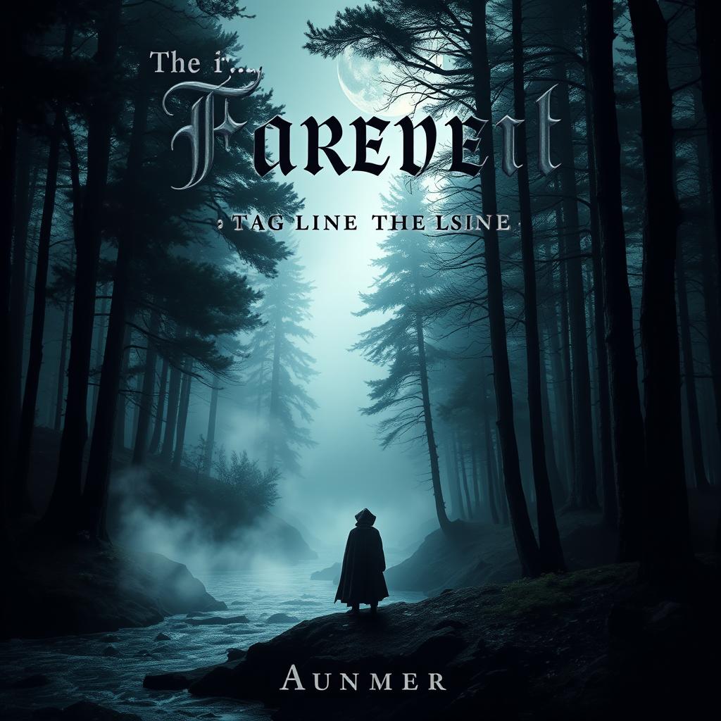 A captivating book cover design featuring a mysterious forest landscape with tall, dense trees and a misty atmosphere