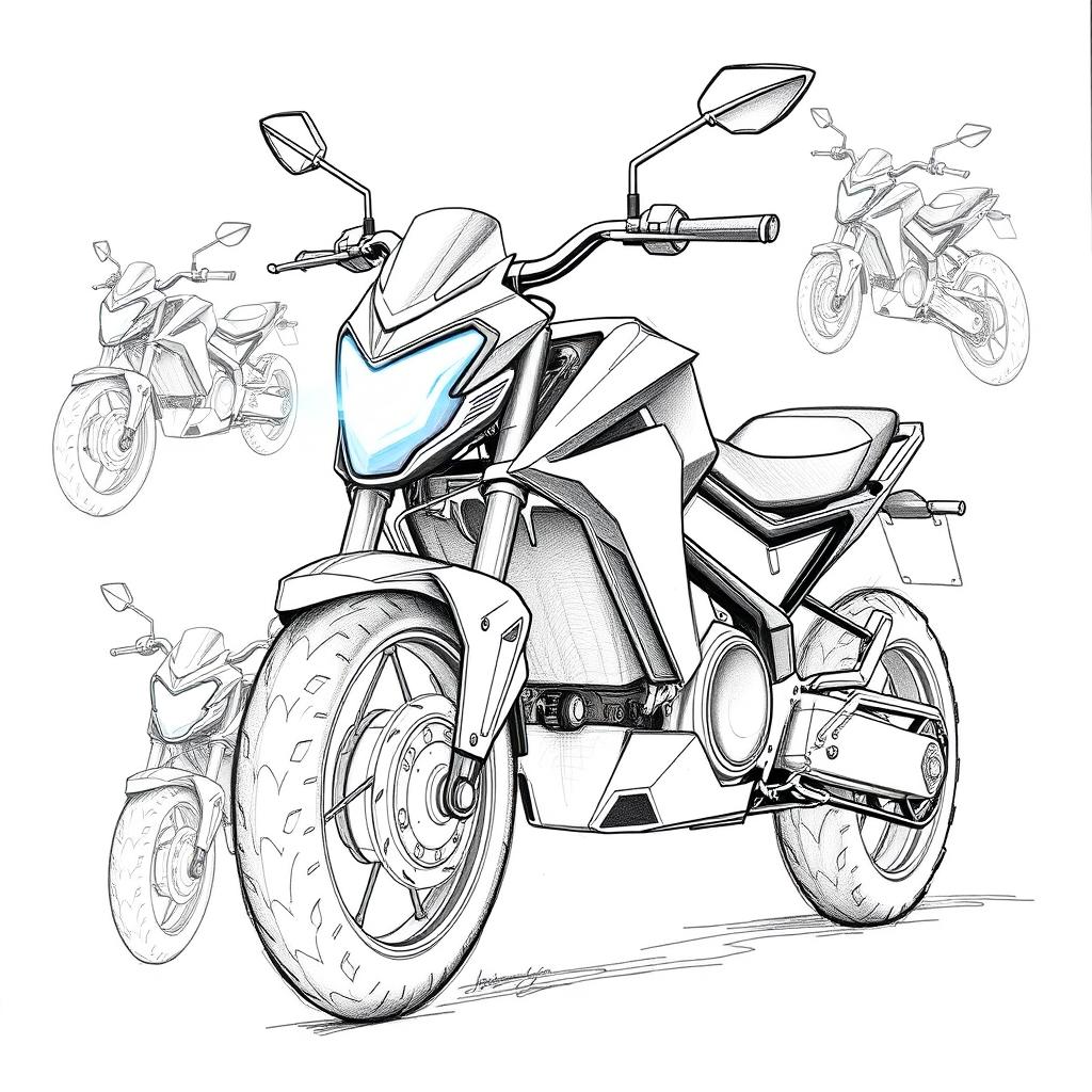 Concept sketches in black and white graphics of an electric sports motorcycle, drawn with blue pencil