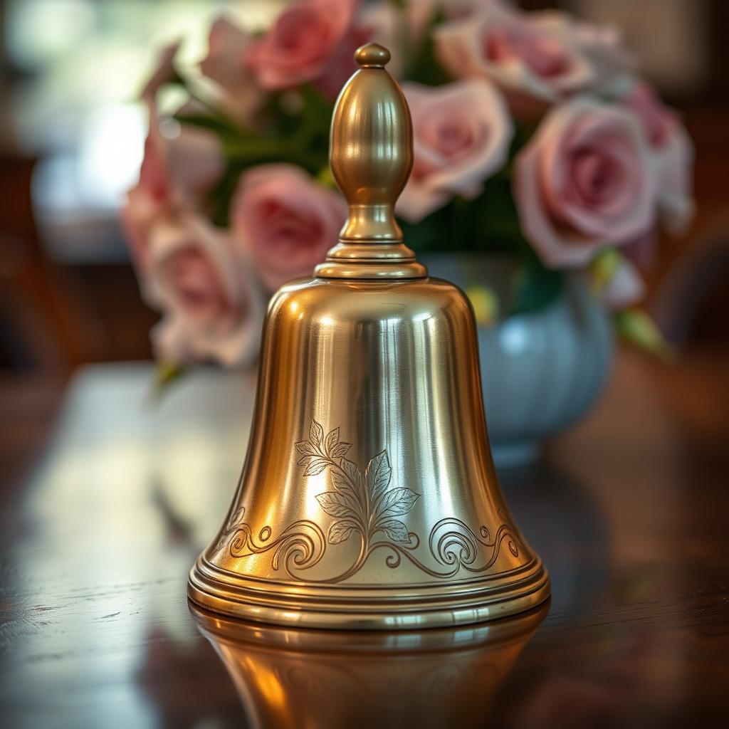 A beautifully designed golden bell with intricate floral engravings, positioned on a polished wooden table