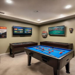 Detailed view of an expansive entertainment room, filled with a gleaming foosball table, air hockey, and ping pong table. A dart board hangs on the wall, next to two separate TV sets, one connected to a PlayStation, the other to Xbox and a shelf filled with variety of board games