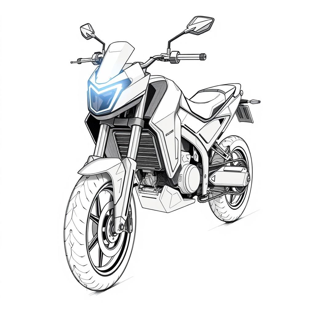 Concept sketches in black and white graphics of an electric sports motorcycle, illustrated with blue pencil