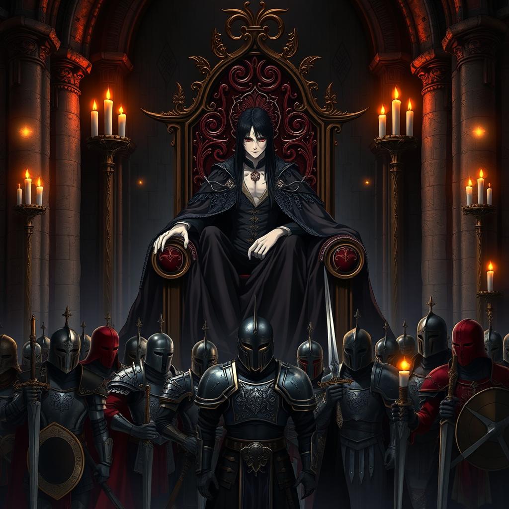 An anime vampire sitting regally on a dark, ornate throne, surrounded by ancient architecture