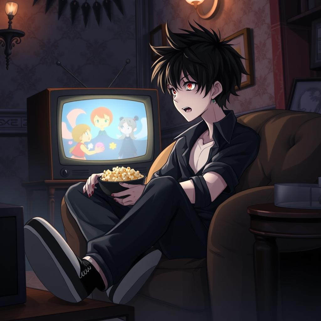 An anime boy vampire sitting comfortably on a plush, gothic-style sofa, gazing intently at an old-fashioned television set